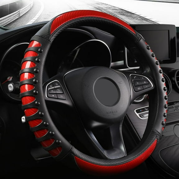 Microfiber Leather and Carbon Fiber Steering Wheel Cover, 3D Auto Steering Wheel Covers Accessories for Men Women, 14 1/2 Inch to 15 Inch, Black Red, O-Type