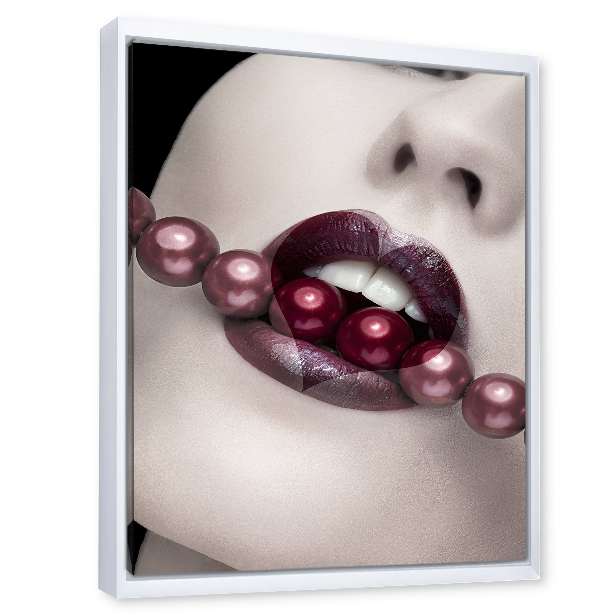 Designart 'Pearls Through Mouth With Heart Shape Lips' Modern Framed Canvas Wall Art Print