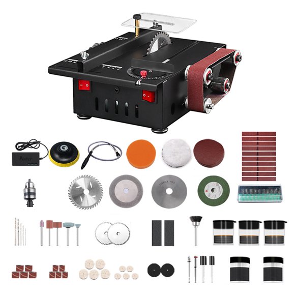 150W Bench Saw and Belt Sander with Extension Rod, Collet, Grinding Carving Drilling Kit, Variable Speed Circular Table Saw 30mm Cutting Depth DIY Benchtop Sanding Machine with 10 Sanding B US Plug Luxury
