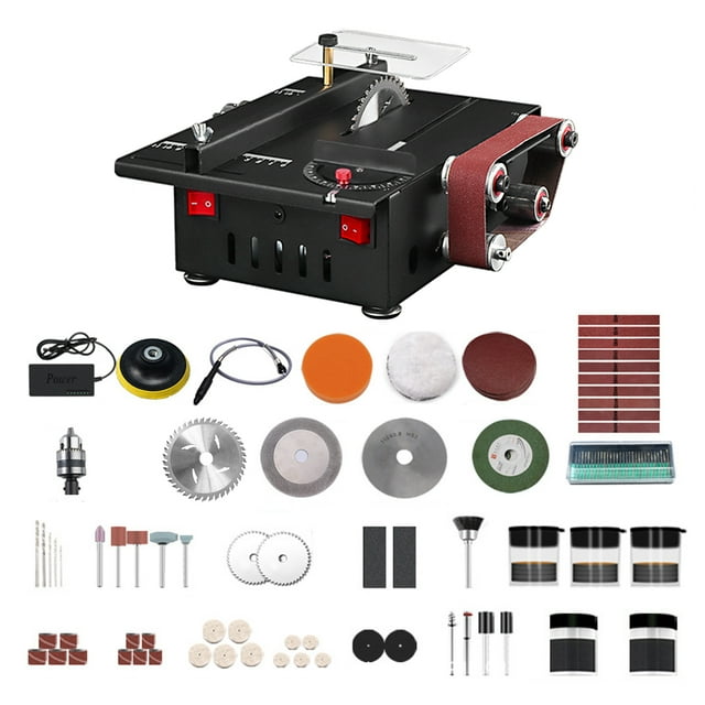 Scie à Bancs et Ponceuse à Bande 150W avec Tige d'Extension, Collet, Kit de Perçage pour Meulage et Sculpture, Scie à Table Circulaire à Vitesse Variable, Profondeur de Coupe de 30 mm, Machine à Poncer à Bancs DIY avec 10 Ponçages, Prise B US, Luxe