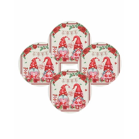 Valentine s Day Round Placemats Set of 4 Love Heart Gnome Place Mats Washable Woven Placemat Red Roses Green Leaves Circle Braided Table Mat for Kitchen Dining Table Wedding Party Home Decor 15 Inch