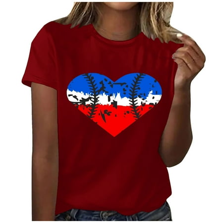 

kakina CMSX Flowy Shirts for Women Fashion Summer Loose Print Round-Neck T-Shirt Short Sleeve Casual Blouse Graphic Tees Clearance Wine S