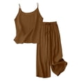 thumbnail image 5 of VISALY Women 2 Piece Summer Linen Beach Outfits Round V Neck Sleeveless Tank Tops Spaghetti Strap Vest Cotton Linen Tees Elastic High Waist Long Pants Casual Loose Lightweight Gauze Sets Brown 4Xl, 5 of 8