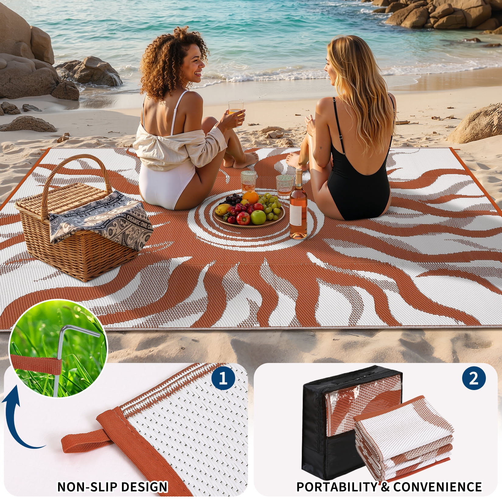 Garvee 8x10ft Outdoor Rug Waterproof Reversible Plastic Straw Rug, Modern Boho Sun Pattern Rug, Large RV Camping Mat Portable Outdoor Carpet for Patio, Balcony, Picnic, Beach, Deck, Red/White