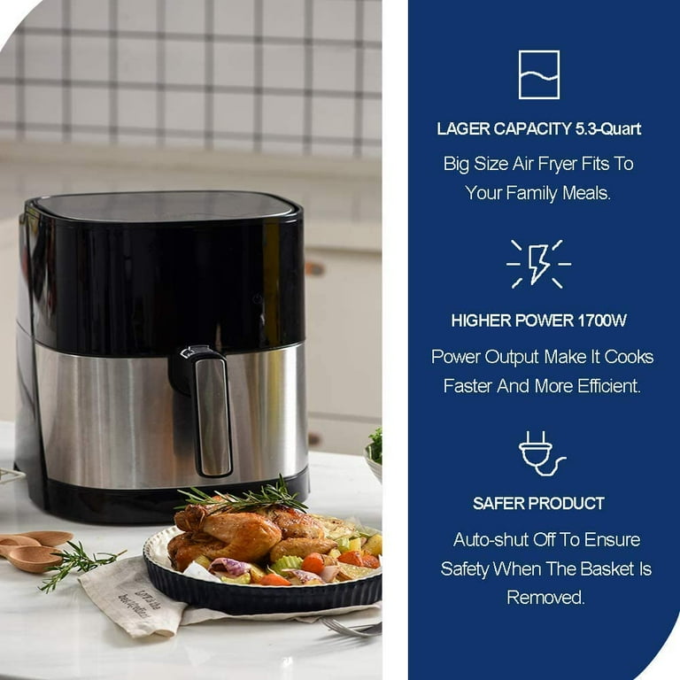 JKM 5.3 Quart Air Fryer XL Oven Stainless Steel 1700W 8 Cooking Preset Multifunction LED Digital Display Auto Shut Off Size 07