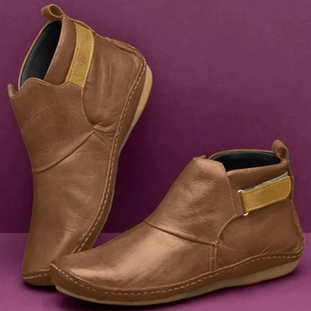 

YOUSNH Women s Fashion Pure Color Leather Hook Loop Comfortable Casual Flat Ankle Boots Shoes Woman 2024 Trend Brown 8.5