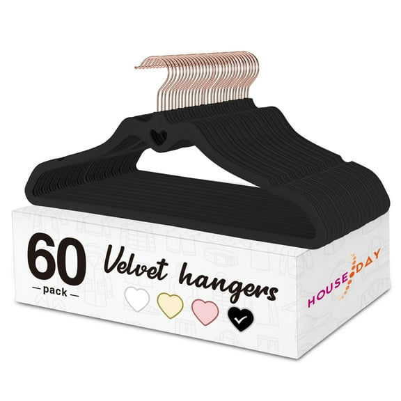 Velvet Hangers 60 Pack,  Black Non Slip Flocked Felt Hangers, Sturdy Velvet Clothes Hangers, Cute Heart Hangers, Ultra Slim Black Hangers for Closet Space Saving