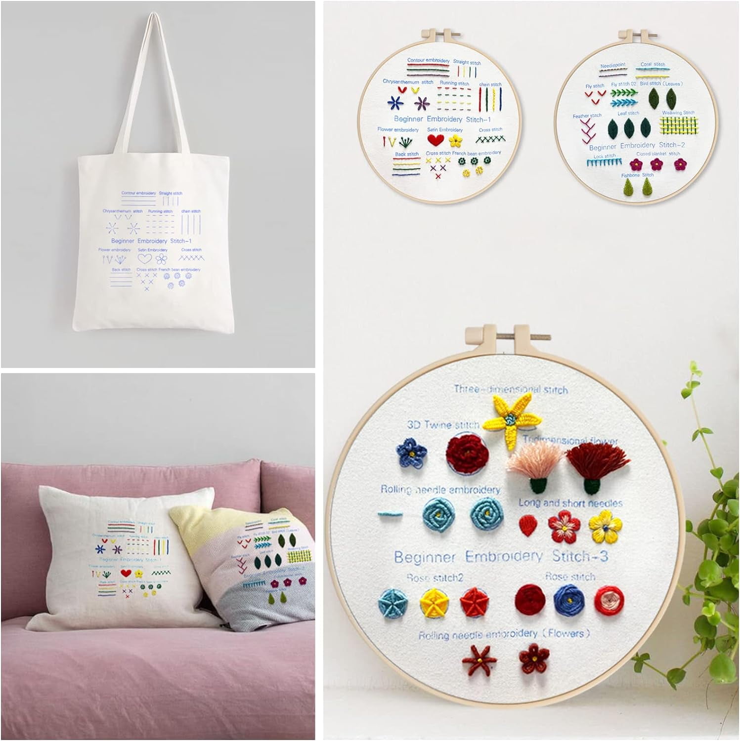 3 Sets Embroidery Kit Beginners Embroidery Stitch Practice Kit 3 Sets Hand Embroidery Starter Kit with 1 Hoop Learn 25 Different Stitches for Craft Lover Adult Stitch with Embroidery Skill Techniques