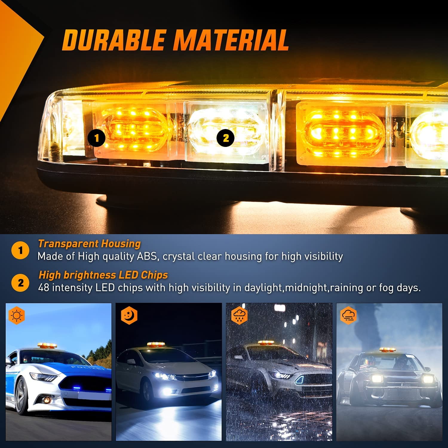 Nilight 12" Roof Top Strobe Lights 48LED Hazard Light Emergency Safety Warning LED Flashing Bar Magnetic Mount 12V 24V Cars Trucks Tractors Snow Plows