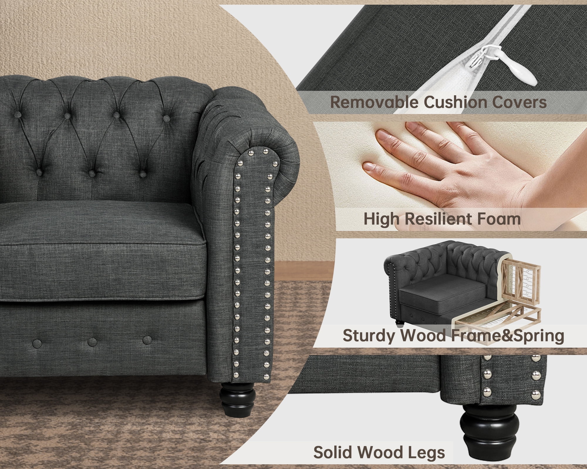 Morden Fort Linen Chesterfield Sofa, Accent Club Chair Charcoal Grey Living Room Chair