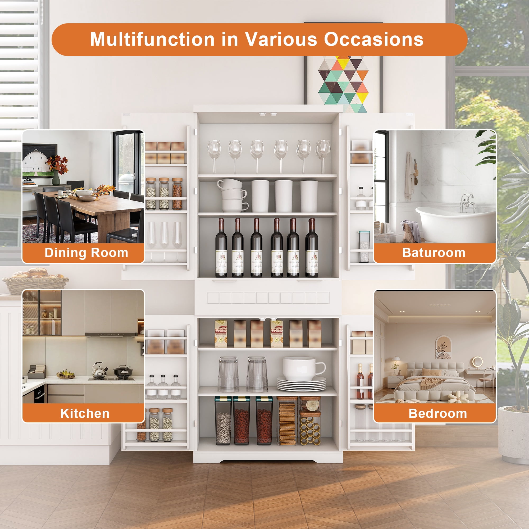 Pantry Cabinet, 71.65" Tall Storage Cabinet with Drawer, 2 Cabinets & 6 Door Shelves, Adjustable Shelves, Freestanding Cupboard for Kitchen, Living Room, Bathroom