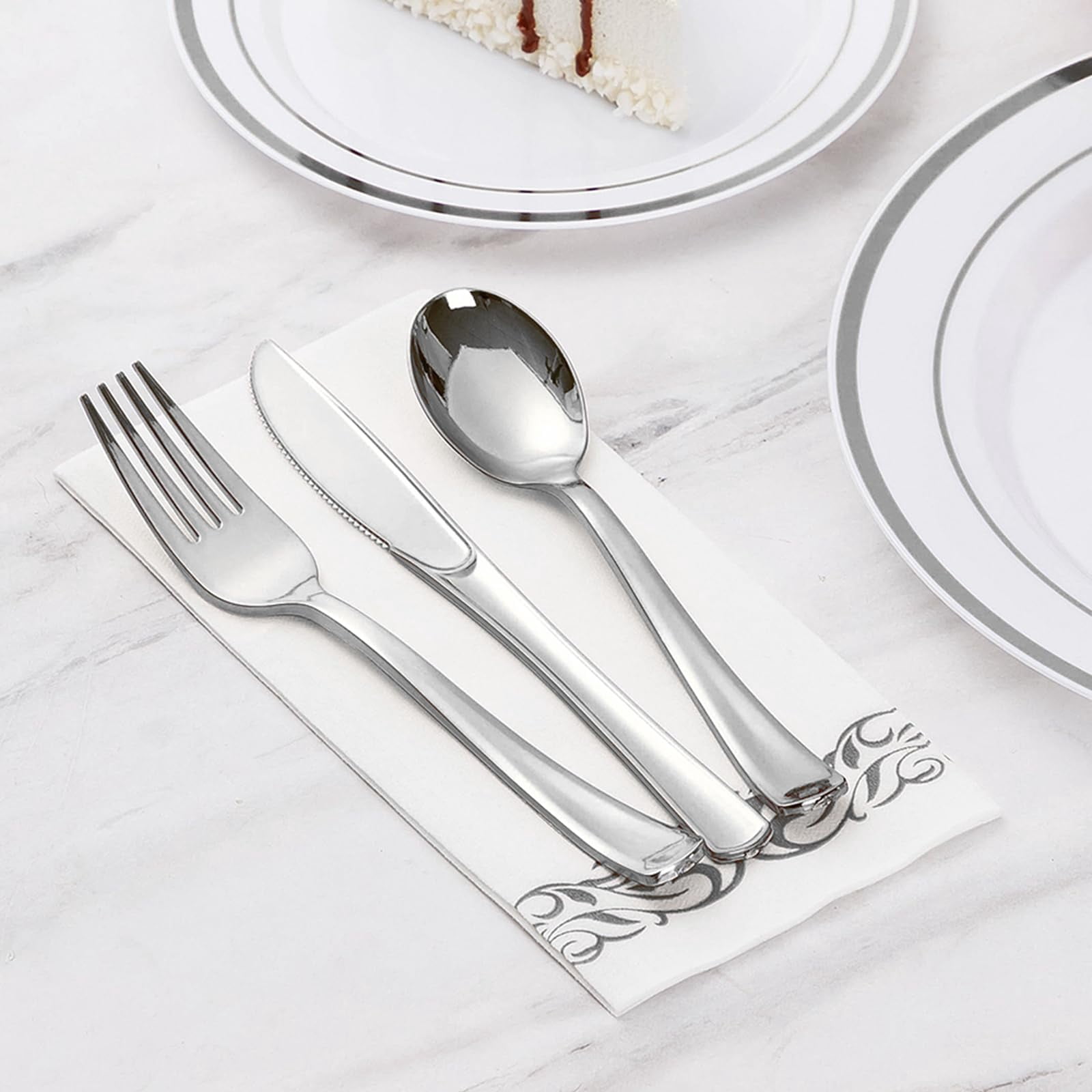 TAVENE 100-Pack Linen-Feel Disposable Guest Towels – Elegant White Napkins with Silver Design for Parties, Weddings, Dinners Events – Soft and Absorbent Paper Hand Towels for Bathroom or Kitchen