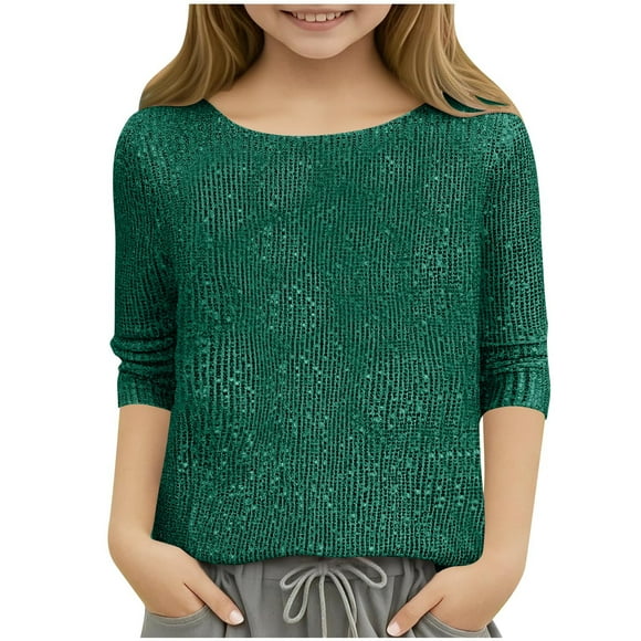 yardsong Girls Sparkly Sequin Tunic Blouses Spring Holiday Party Glitter Long Sleeve Crewneck Shirts Green,9-10 Years