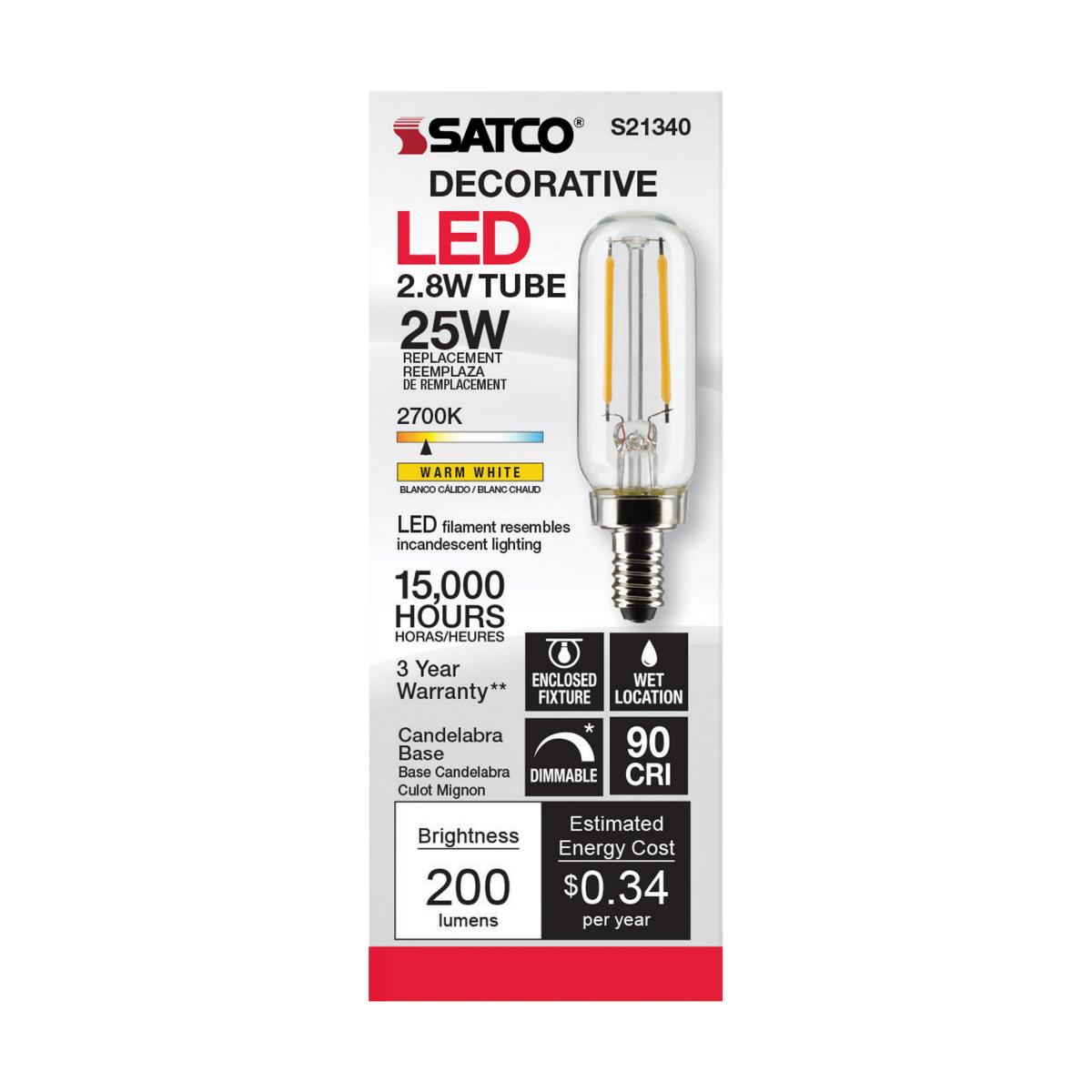 Satco S21340 T6 LED Filament Light Bulbs 2.8W 120V  2700K 90CRI E12 Candelabra Base Dimmable (6 Pack)