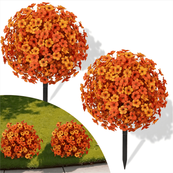 AcerichFad Artificial Fall Flowers Outdoor, 2 Pack 22" Faux Topiary Ball Flowers with Spikes Fake Silk Plants Fall Decoration for Home Indoor Outside Garden Porch Patio Autumn Decor