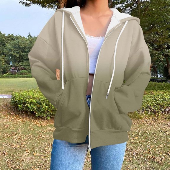 Delliss Women's Long Sleeve Gradient Print Hooded Sweatshirt Loose With Zipper Top Khaki L