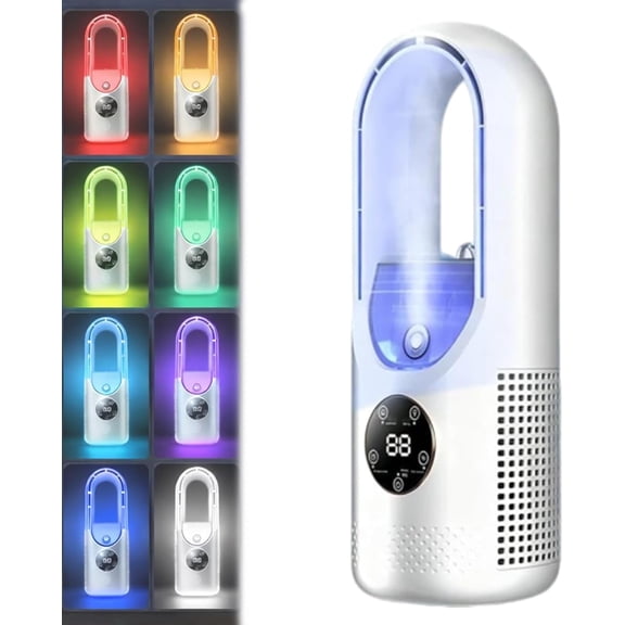 6-Speed Bladeless Electric Fan with Cooling & 7 Color LED Light, Portable Rechargeable Desk Fan with Quiet Strong Airflow, Personal Mini Air Conditioner Fan for Bedroom Office Travel (White)