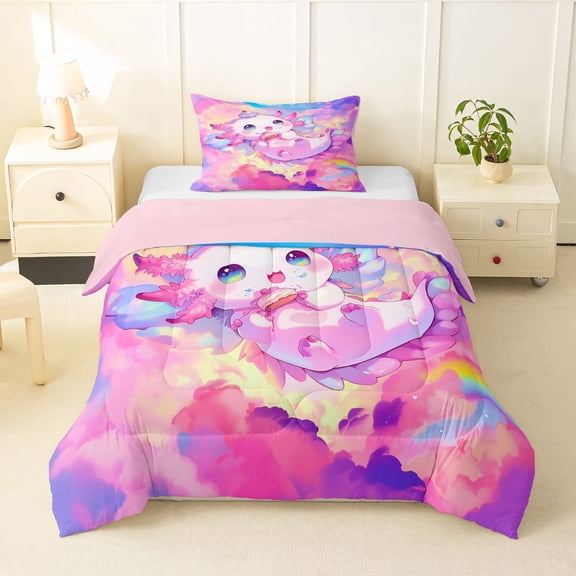 Manfei Dreamy Axolotl Twin Comforter Sets,Rainbow Cloud Art Bedding Set For Girls,Pastel Multicolor,Pink Reversible,2pcs,1 Comforter and 1 Pillowcase