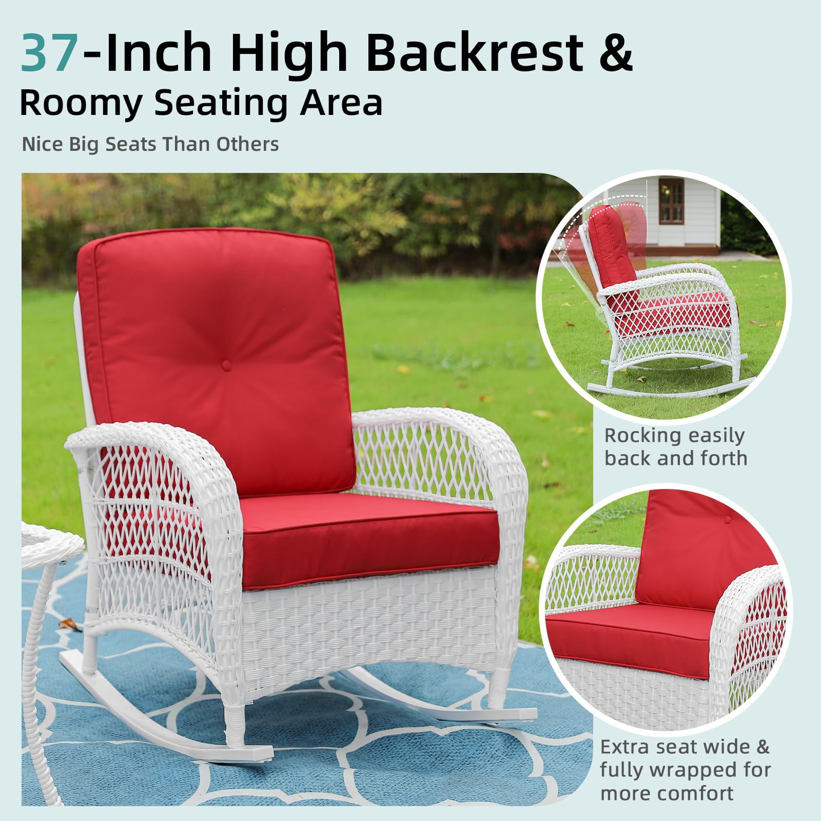 MEETWARM 3 Pieces Patio Conversation Set, Rattan Outdoor Rocking Patio Bistro Set with 2 Rockers and 1 Side Table with 4" Thick Cushions, Outdoor Furniture Set for Porch Backyard, White Wicker/Red