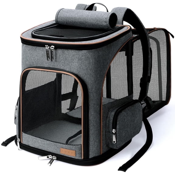 Leke Expandable Pet Carrier Backpack, Grey Collapsible Travel Bag with Breathable Mesh, Fits Pets up to 25 lbs for Medium Dogs and Large Cats