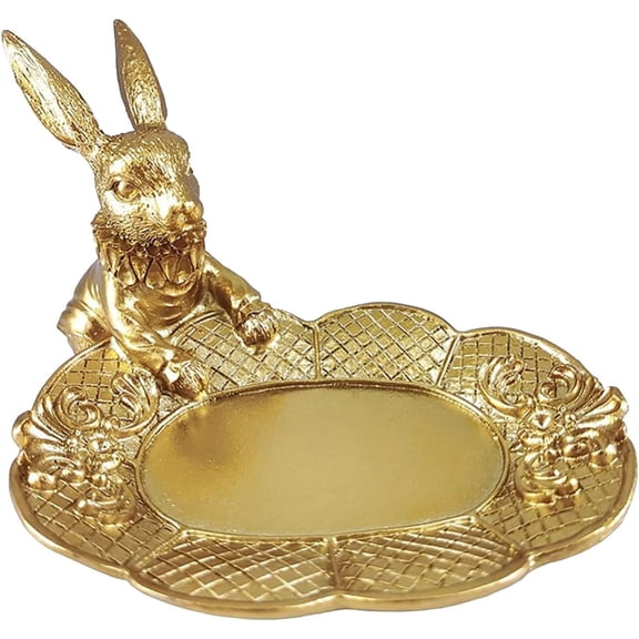 Golden Easter Bunny Figurine Ring Holder, Cute Rabbit Trinket Tray Jewelry Organizer, Decorative Animal Statue for Vanity, Desk, Home Decor Gift