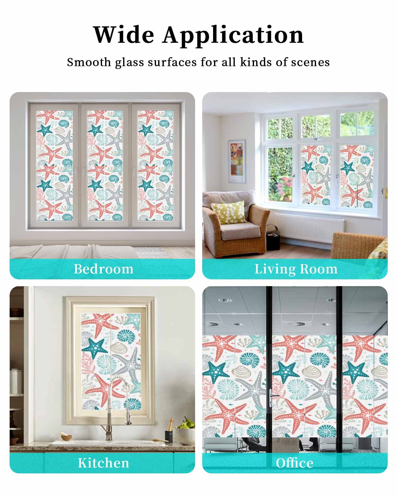 Window Privacy Film, Teal Green Coral Sun Blocking Window Tint Film Heat Control One Way Blackout Window Film, Spring Summer Coastal Starfish Beach Nautical Conch Non Adhesive Static Cling 17.7x78.7