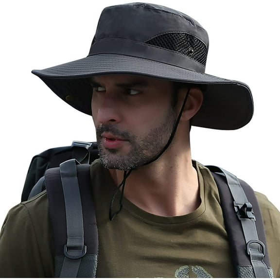 Koreshion Mens Sun Hat Outdoor UPF50 Mesh Wide Brim Bucket Safari Cap Foldable Waterproof Boonie Fishing Hats