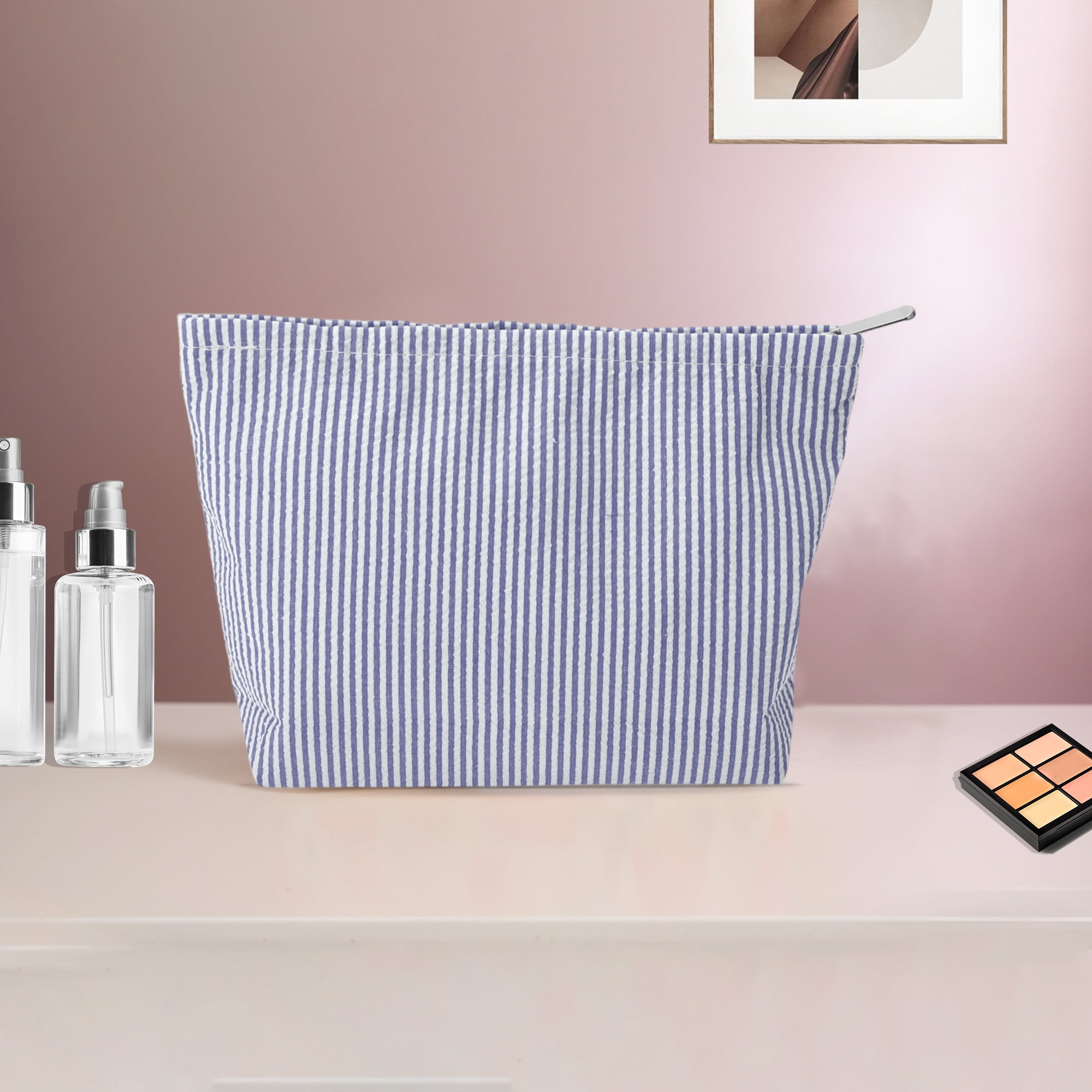 Unique Bargains 1 Pc Seersucker Stripes Makeup Bag Navy Blue