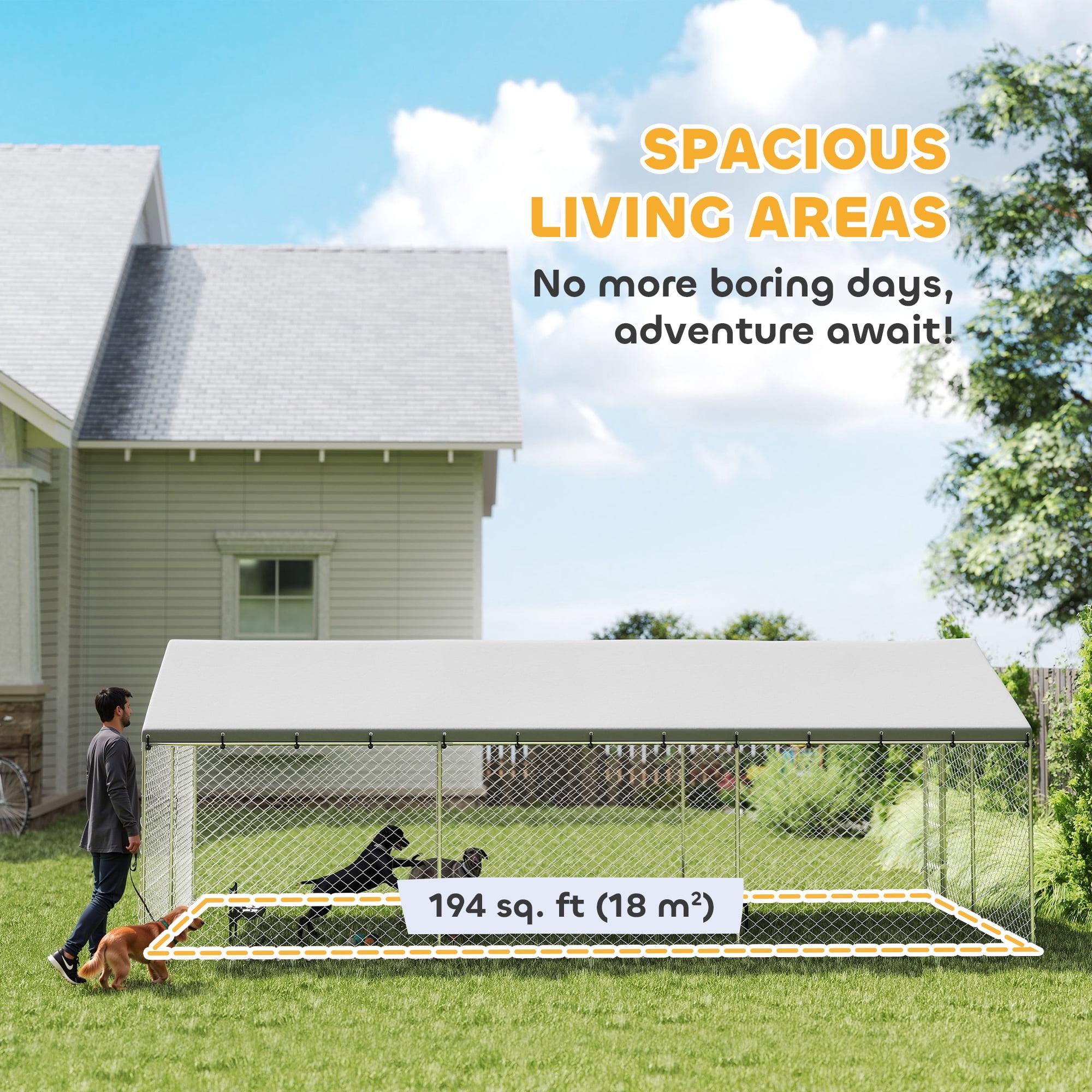 PawHut Outdoor Dog Kennel, Heavy Duty Large Dog Kennel Outside with Waterproof Roof, 2 Secure Latches, Dog Run for Backyard, 20' x 10' x 7'