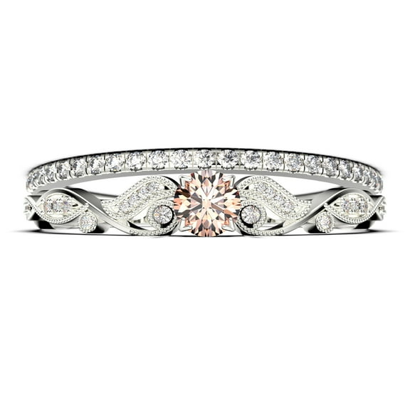 Vintage Look Boho & hippie 1.25 Carat Round Cut Morganite And Diamond Moissanite Engagement Ring, Wedding Ring in 925 Sterling Silver With 18k White Gold Plating, Promise, Bridal Set, Matching Band