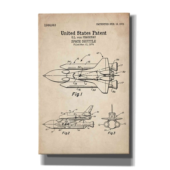 Epic Graffiti "Space Shuttle Blueprint Patent Parchment" Giclee Canvas Wall Art, 26"x40"
