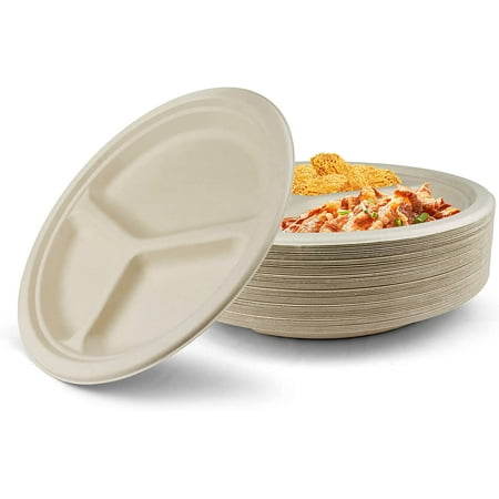 Ciciware 100% Compostable Disposable Paper Plates Food Containers - 60 Pack Natural Disposable Bagasse Eco-Friendly Biodegradable (10 inch 3-Compartment)