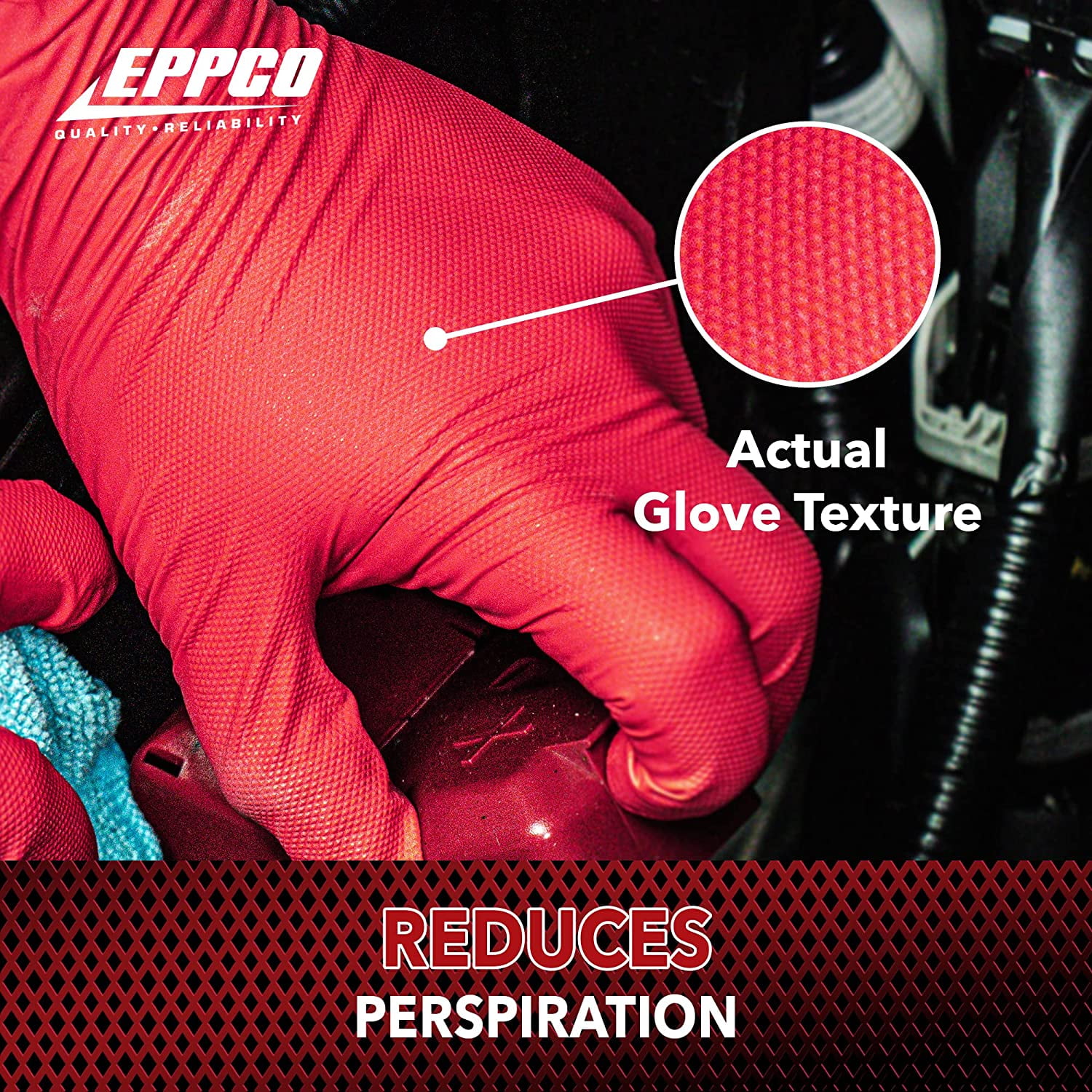 Eppco Grease Bully MDT Nitrile Gloves, Red, 7MIL, Micro-Diamond Texture, Large, 10 Boxes