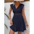 thumbnail image 3 of Blue Hollow Out Lace Trim V-Neck Short Sleeve A-Line Mini Dress, 3 of 6
