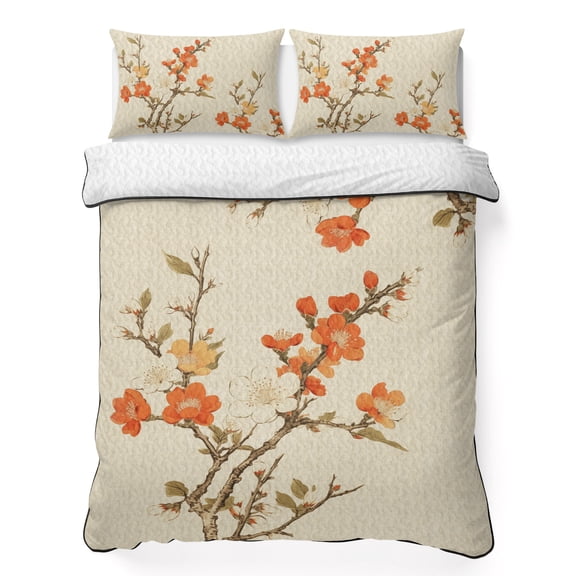 Twin XL Quilt Set 68''x98'', Vintage Botanical Lightweight Bedspread Coverlet Set with 2 Pillow Shams, Red Spring Floral Botanical Farmhouse Breathable All Season Quilt Bedding for Dorm/Guest Room