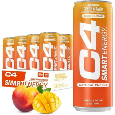 C4 Smart Energy Drink, Peach Mango Flavor, Zero Sugar, Carbonated, 12 oz can (12 Pack)
