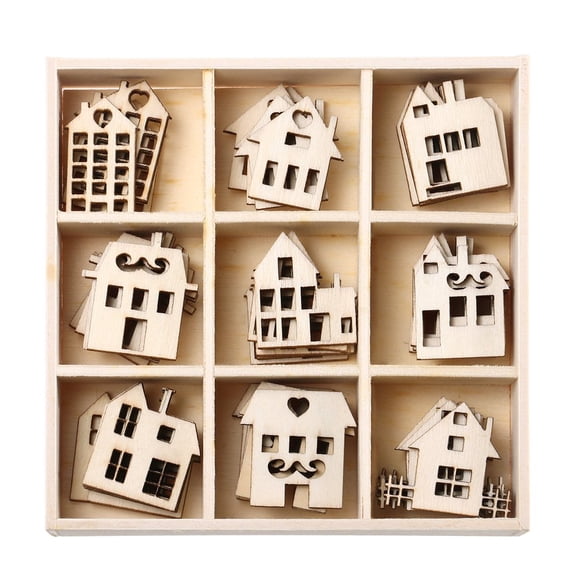 LEEYNEER45pcs House-shaped Wood Chips Wood Slices DIY Crafts Hollow Out Wooden Decorations Wood Small House Cutouts