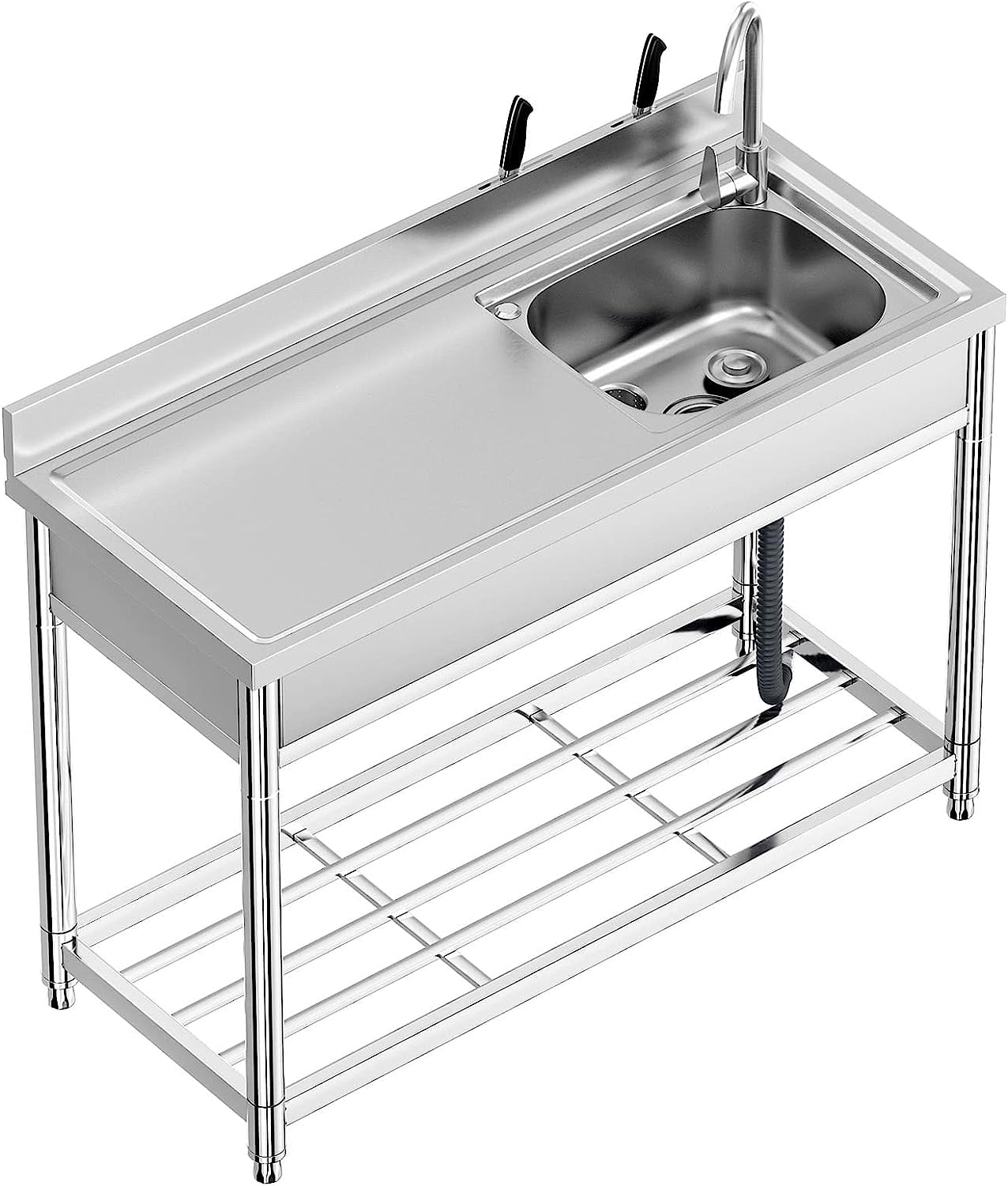 47*20*37 inch Free Standing Stainless-Steel Single Bowl Commercial Restaurant Kitchen Sink Set w/Faucet & Drainboard, Prep & Utility Washing Hand Basin w/Workbench & Storage Shelves