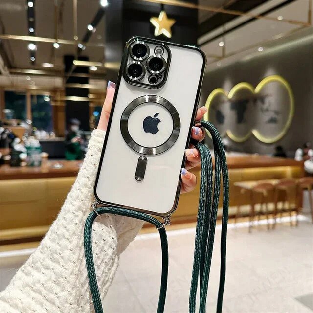 Crossbody Lanyard Clear Magnetic Case For iPhone 15 14 13 12 11 Pro Max Plus For Magsafe Soft TPU Electroplated Back Cover