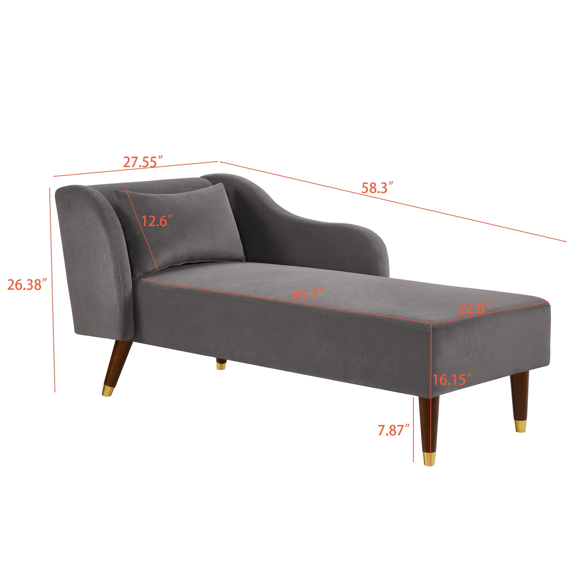 Aukfa 58" Velvet Chaise Lounge Indoor Upholstered Sofa w/ Pillow for Living Room Bedroom, Gray
