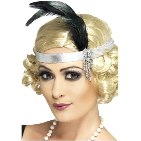 Womens Silver Satin Charleston Flapper Headband With Feather Costume