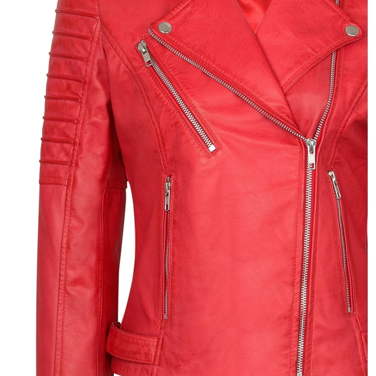 Red Women's Moto Lambskin Real Leather Jacket Motorcycle Slim fit Biker  Jacket