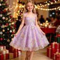 thumbnail image 4 of Girls Mesh Princess Dresses Trendy Embroidery Flower Lace Bow Spaghetti Gown for Pageant Wedding Birthday Party Graduation Dance Prom Purple 8-9 Years, 4 of 6