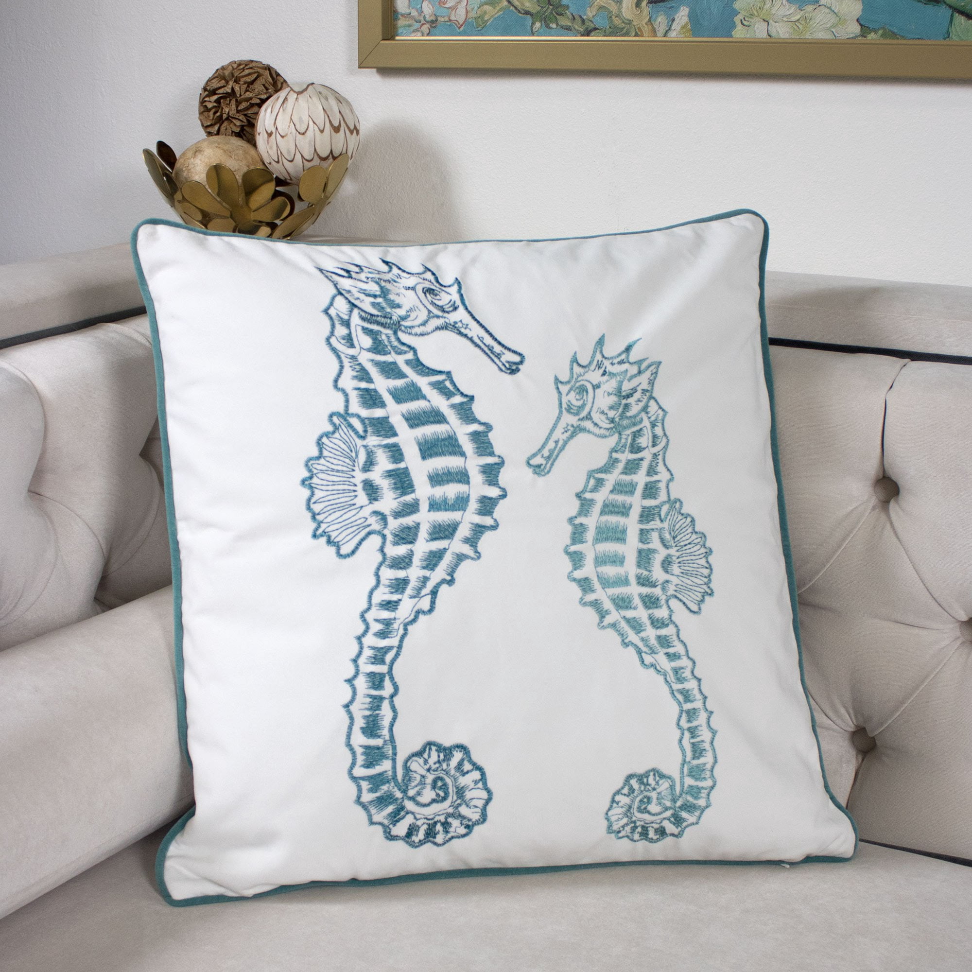 Seahorse Teal Animal Print Polyester 20 in. x 20 in. Throw Pillow