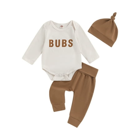 

Canis Infant Boy Romper Set: Letter Print Long Sleeve Romper Solid Color Pants and Hat