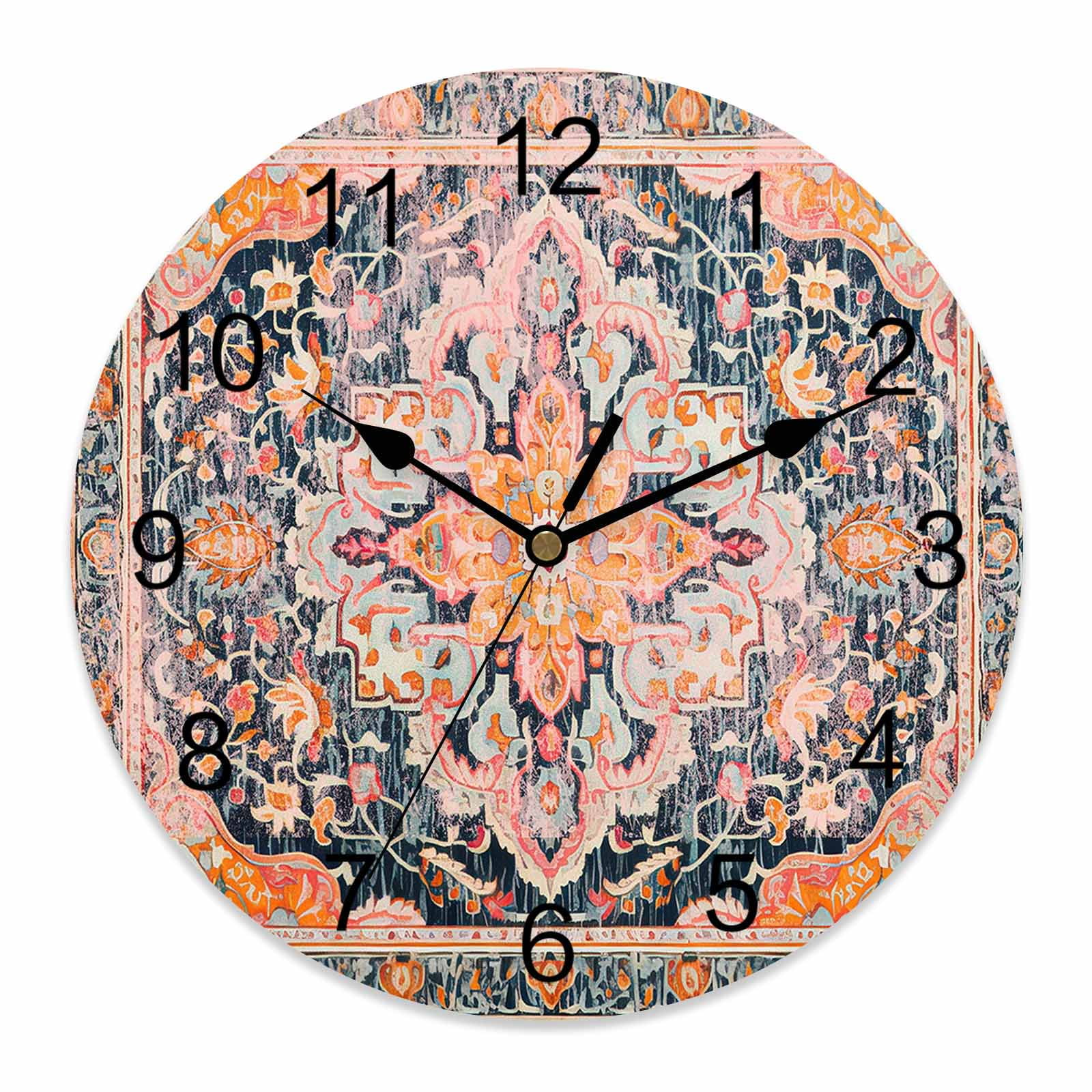 14 Inch Boho Wall Clock, Vintage Abstract Medallion Damask Floral Middle Ages Battery Operated Silent Non Ticking Clocks, Easy to Read Round Wall Clock for Kitchen/Living Room/Bedroom/Bathroom