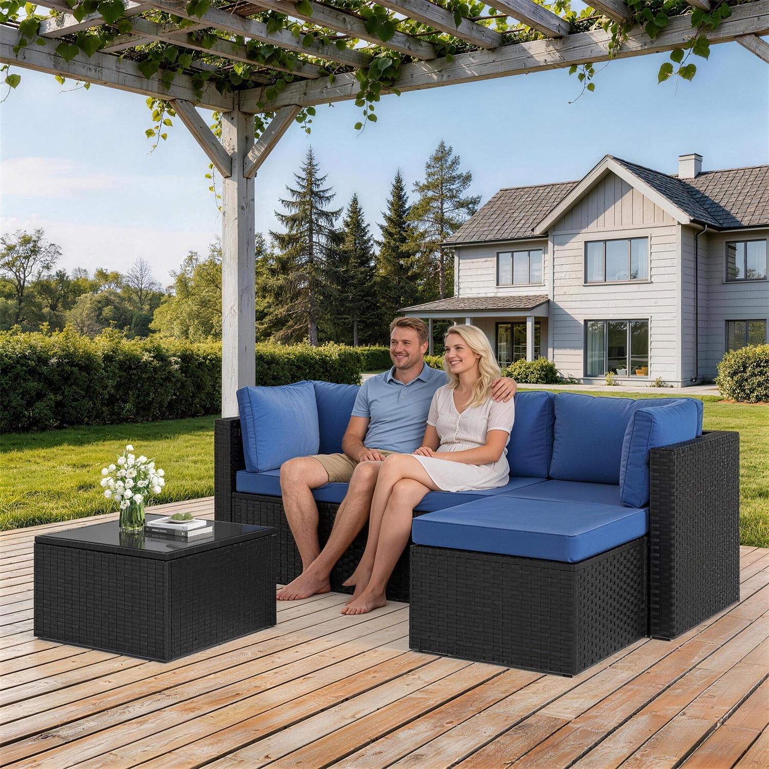 Clouddwell 5 Pieces Patio Furniture Set, All-Weather Wicker Rattan Patio Sectional Sofa Set with Coffee Table (Navy Blue)