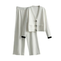 YUGYXL Women's 2 Piece Outfits Sweater Set Knit V Neck Button Pockets Tops Cardigan High Waisted Wide Leg Pants Lounge Set White Free Size