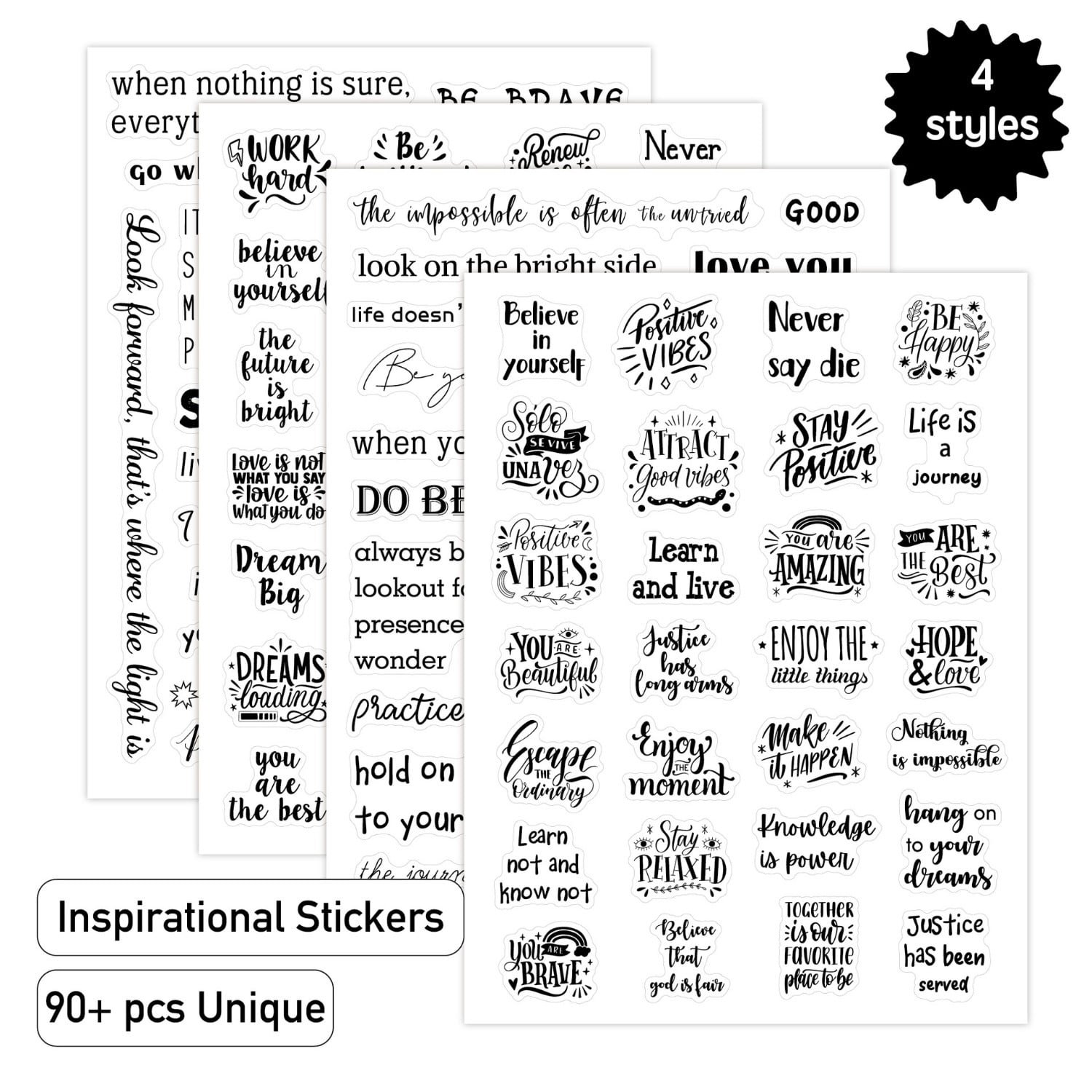 Black Inspirational Quotes Stickers 4sheets Waterproof Transparent Motivational Words Stickers for Scrapbooking/DIY Handicrafts（6×8in）