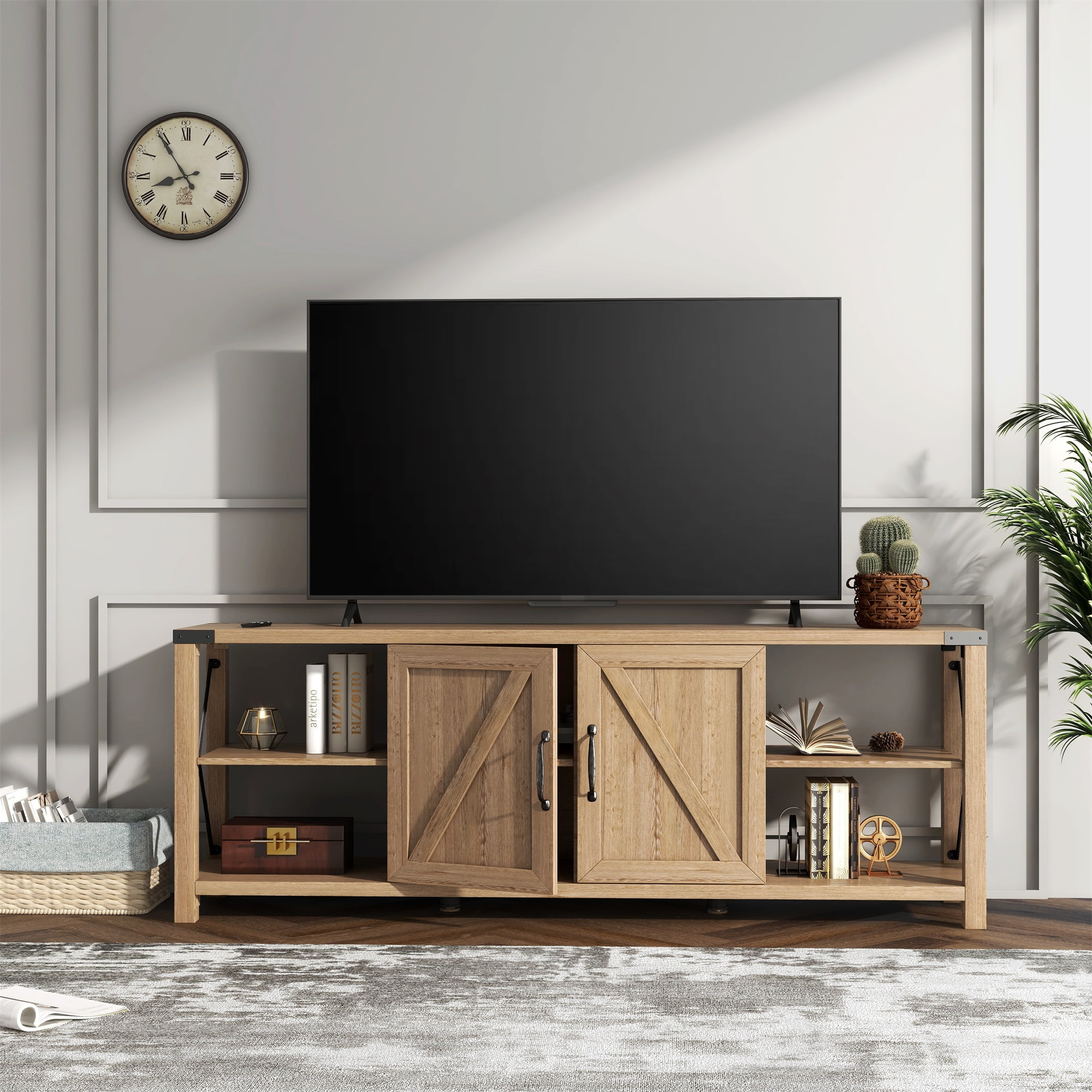 Kadyn TV Stand, Modern Entertainment Center for TVs up to 76", TV Console with Storage Cabinets and Shelves, Light Oak